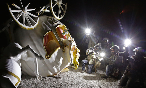 Banksy's Dismaland preview. A Cinderella piece by Banksy during the press view for the artist’s biggest show to date, entitled 'Dismaland', at Tropicana in Western-super-Mare, Somerset. Picture date: Thursday August 20, 2015. Photo credit should read: Yui Mok/PA Wire URN:23864275