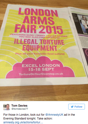 Amnesty welcome to London Arms Fair VCCP Twitter 1