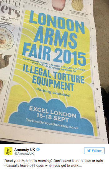 Amnesty welcome to London Arms Fair VCCP Twitter 2